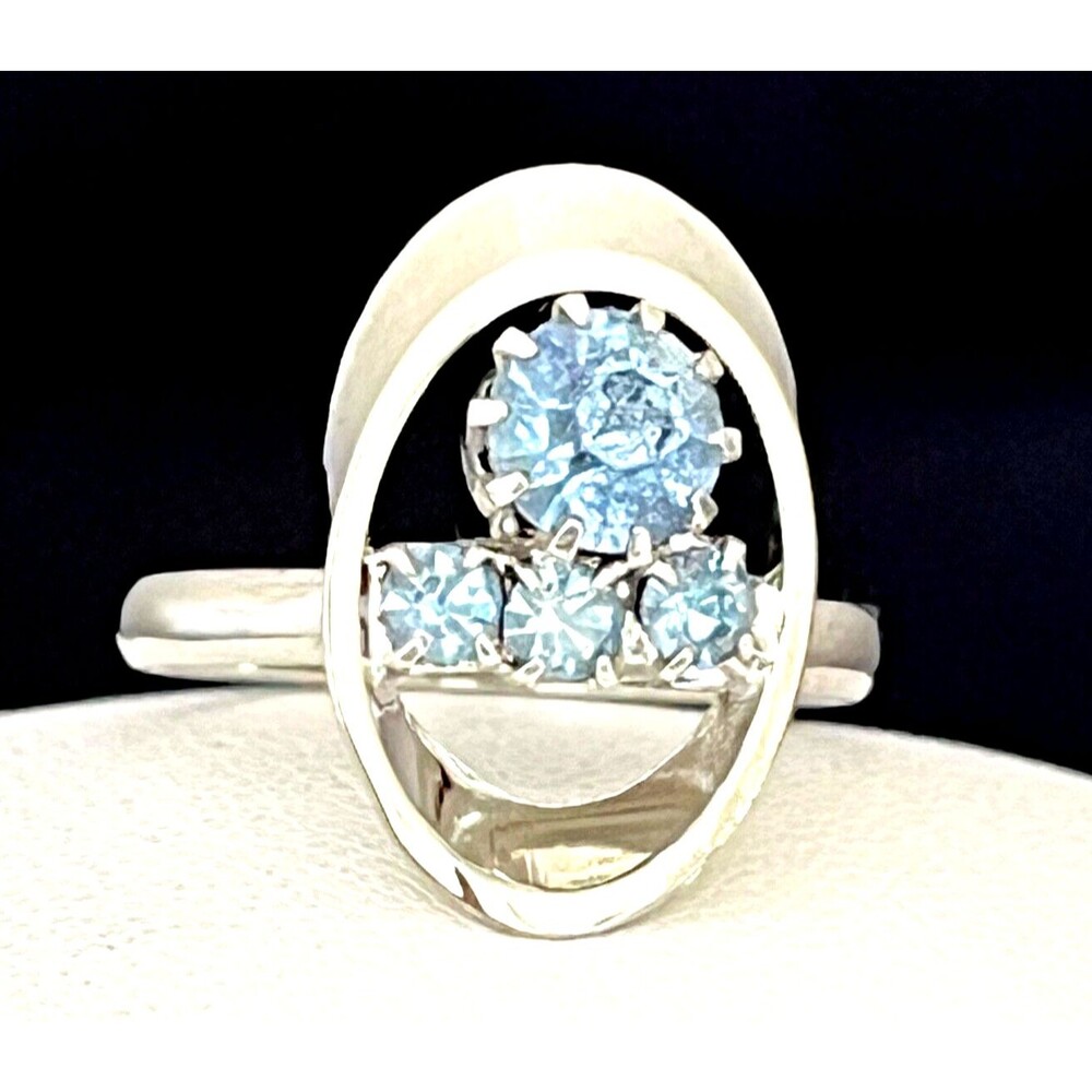 Vintage 1960s Cocktail Ring Silver Tone Blue Rhinestones Mid Century Modern - 4K